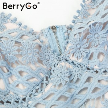 Women white lace dress party spaghetti strap Embroidery ruffle sexy dress V-neck hollow out summer dresses White Blue